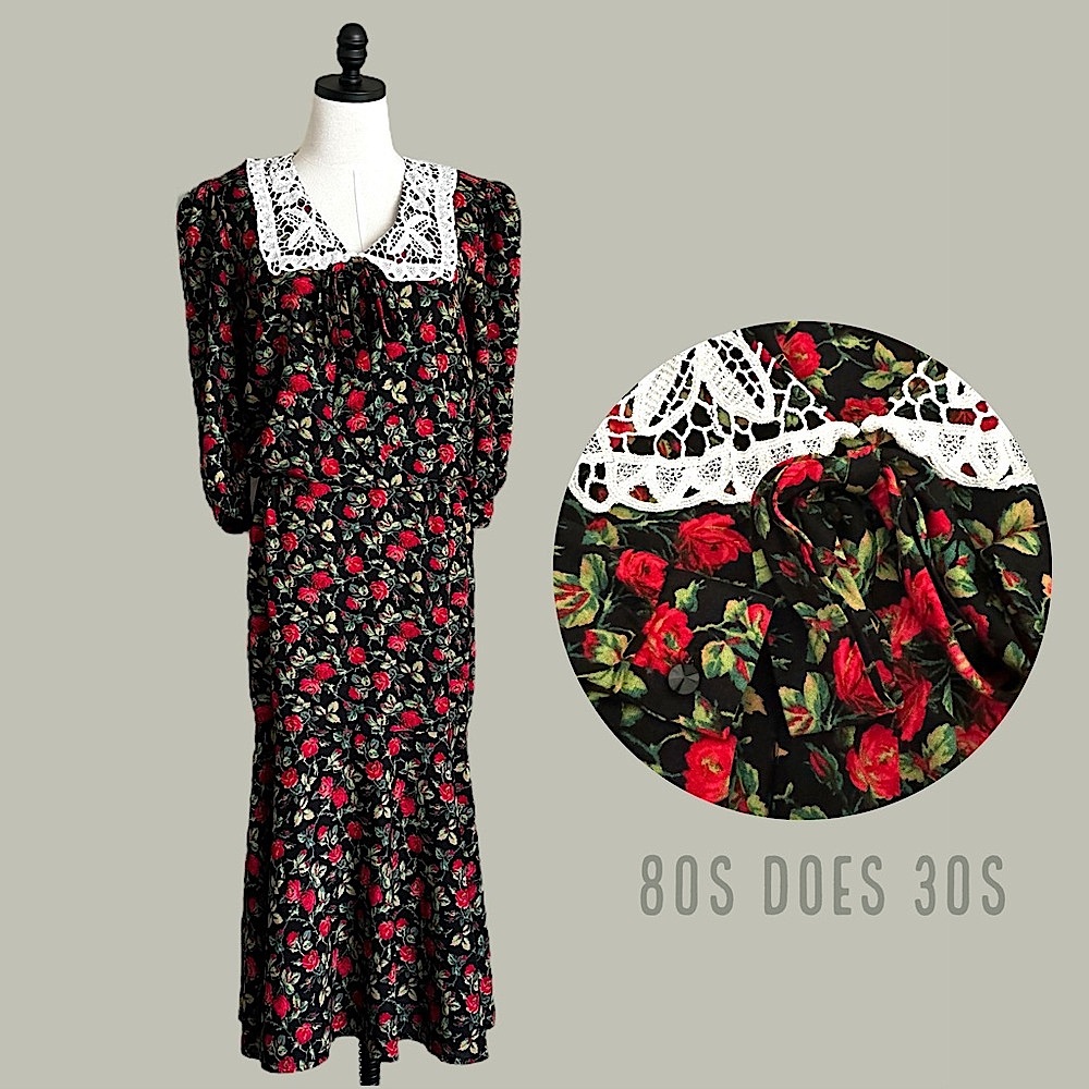 80s does 30s red roses & crochet lace blouson dress S/M